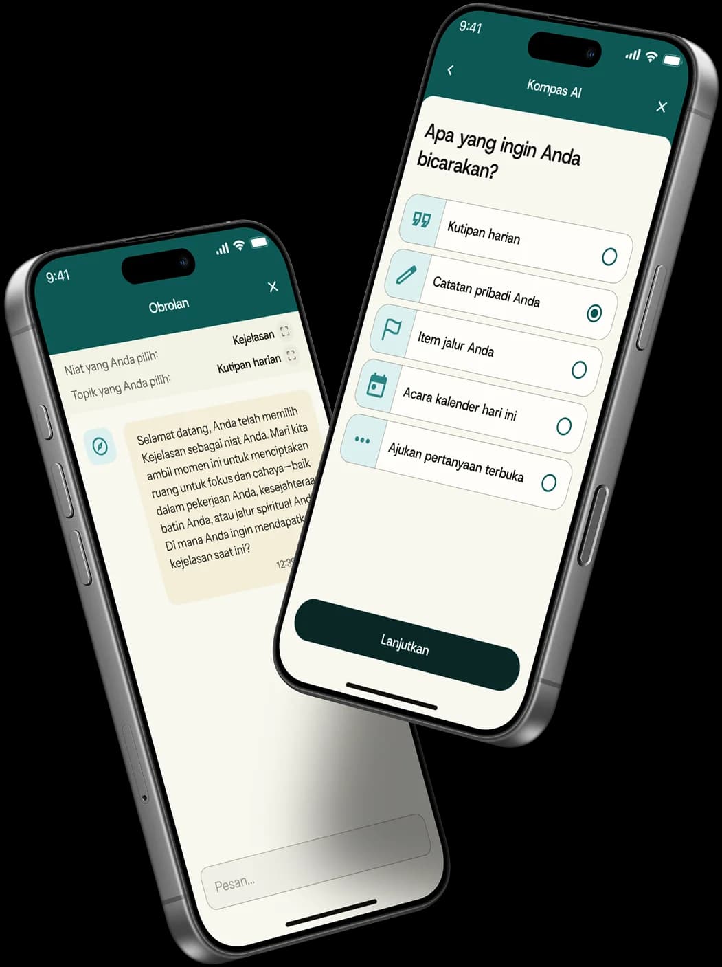 Evolusea AI Compass feature on mobile - AI-powered spiritual guidance that helps you reflect on daily quotes, work through feelings, and plan meaningful next steps